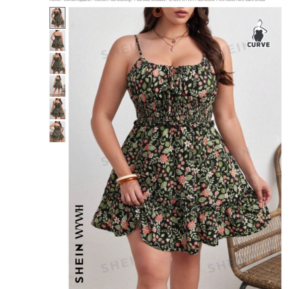 Plus Size Allover Floral Print Ruffle Hem Cami Dress, 3X